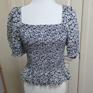 J. CREW Navy Floral Smocked Square-Neck Peplum Top